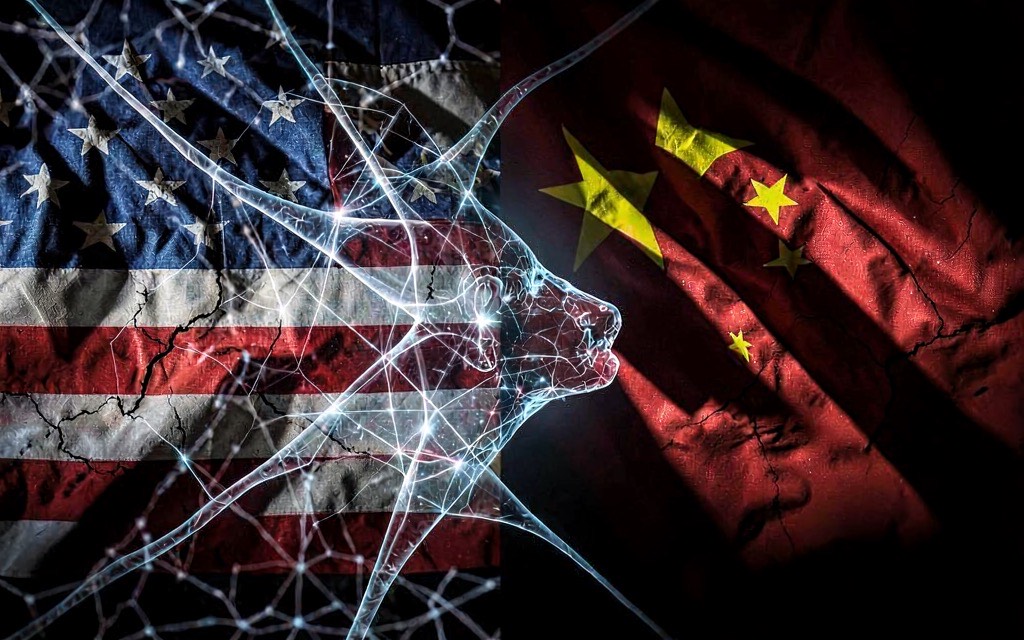 Split image showing US and Chinese flags with AI neural network overlay, dramatic lighting, geopolitical tension theme