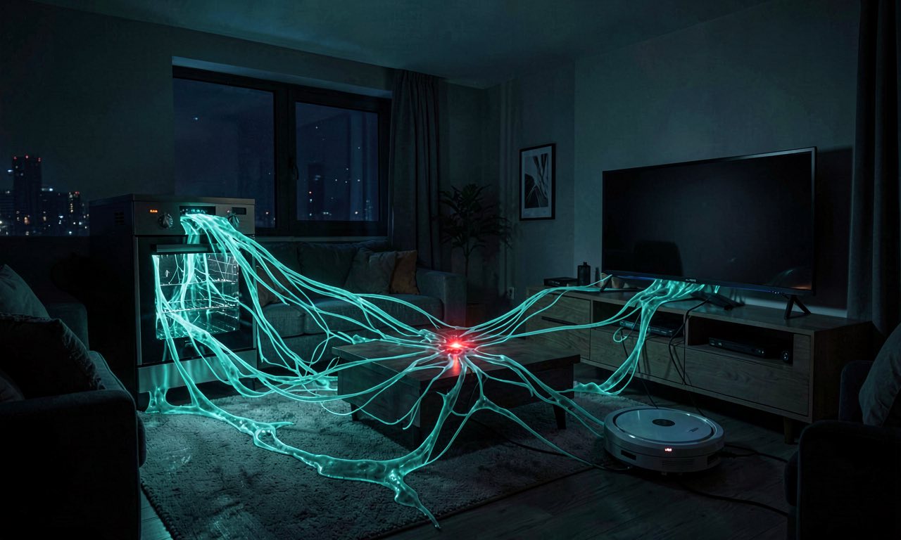 A dark living room at night where luminous teal filaments creep from a smart oven, a streaming box and a robot vacuum, linking the appliances into one glowing web with a red pulse at its centre.