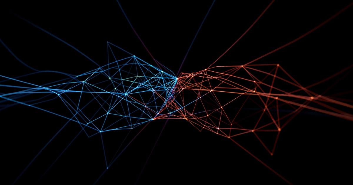 A dark abstract composition showing two overlapping digital networks, one red and one blue, with data streams flowing between them, symbolizing unauthorized model access