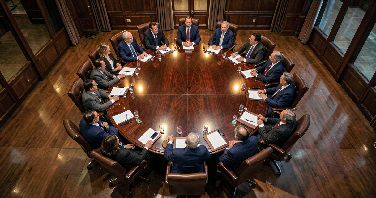 An overhead view of a polished dark wood summit conference table surrounded by leather chairs in an elegant wood-paneled room