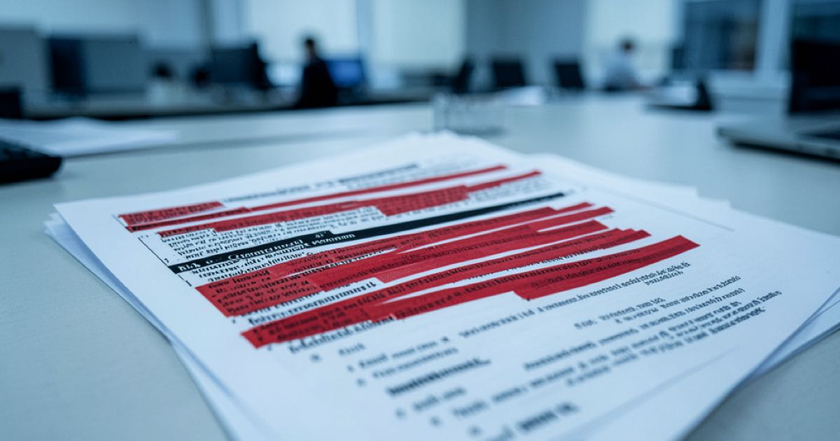 A thick redacted document on a desk under fluorescent office lighting, pages marked with risk classification labels.