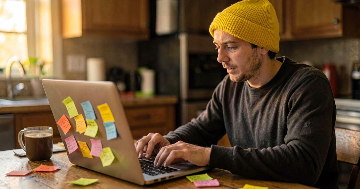 A researcher in a bright yellow beanie working at a laptop covered in sticky notes at a kitchen table in warm evening light, editorial photography, shallow depth of field.