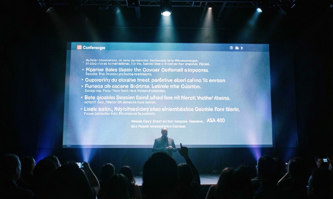 Conference stage presentation slide with fine print disclosure