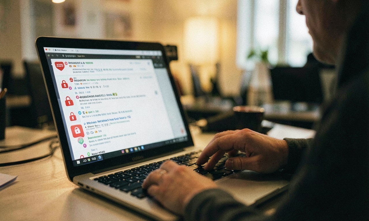 Computer screen showing email notifications with lock icons and suspension warnings, frustrated hand hovering nearby