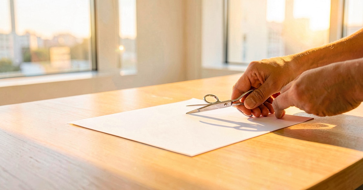 A minimalist desk with a single sheet of paper being trimmed by scissors, bright warm sunlight, clean modern office, no text no logos no letters no signs
