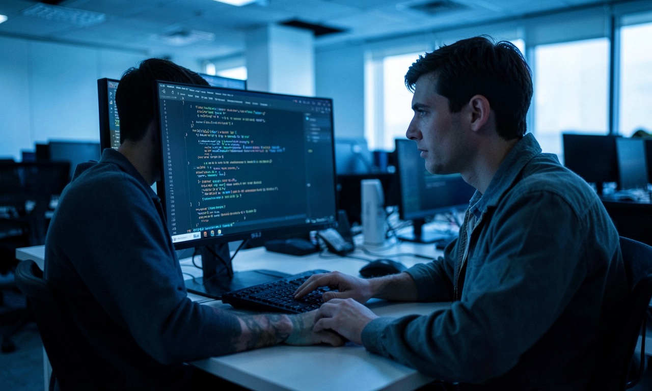 A software engineer sitting at a desk in an open-plan office, hands off the keyboard, watching a screen where code scrolls by without human input. The lighting is cool, the scene quiet.
