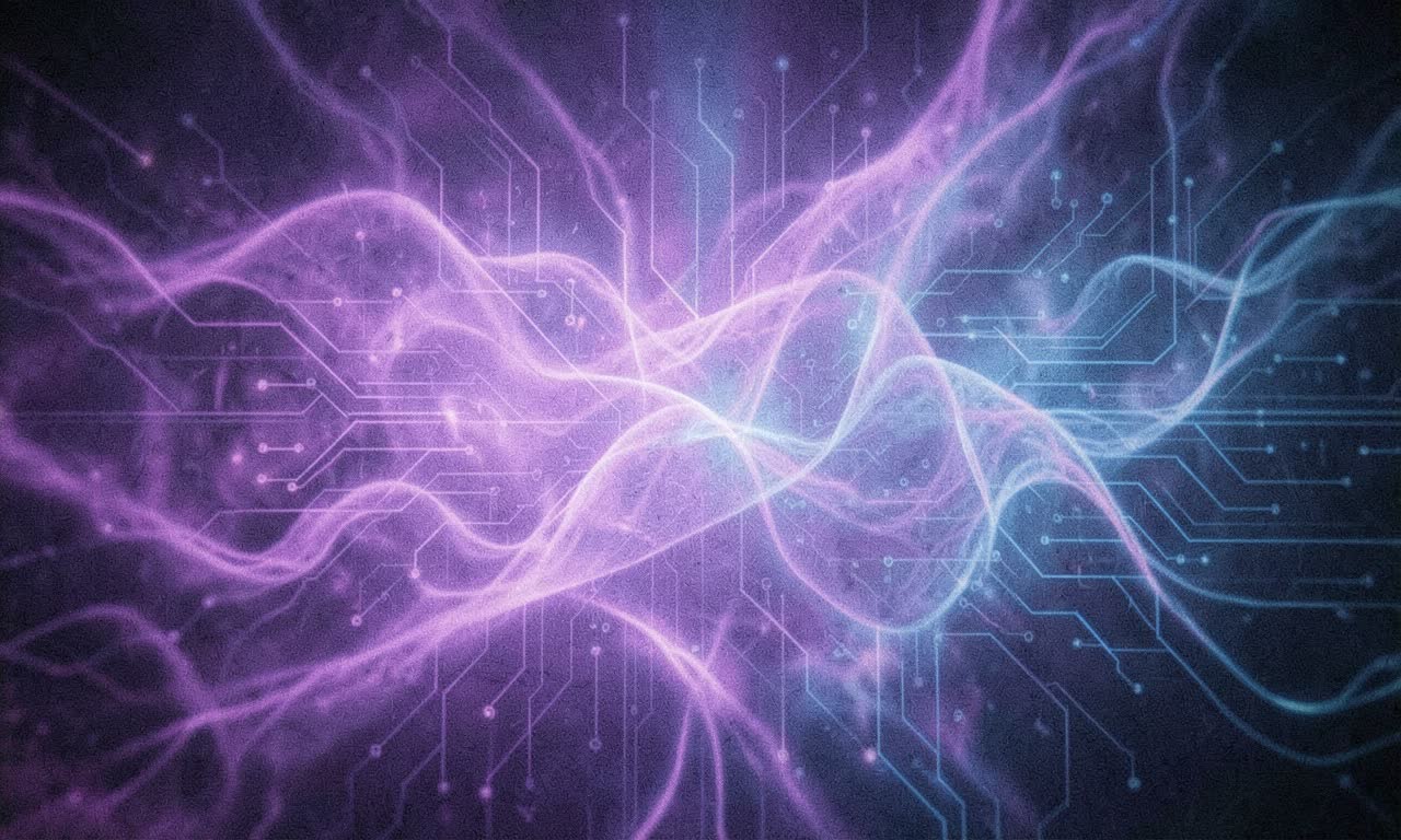 Abstract neural network visualization with dreamlike flowing patterns, soft purple and blue lighting, cinematic