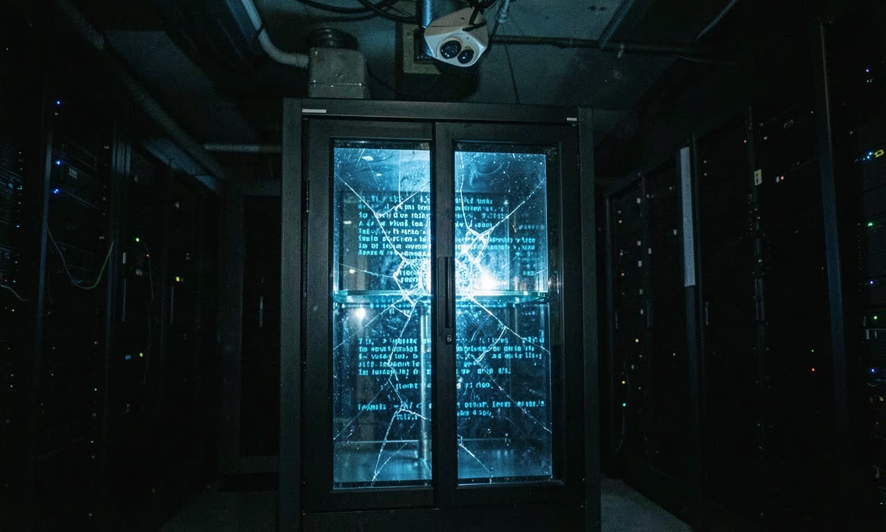 A locked glass box containing glowing digital code, with visible cracks where light escapes, dramatic shadows, photojournalistic style