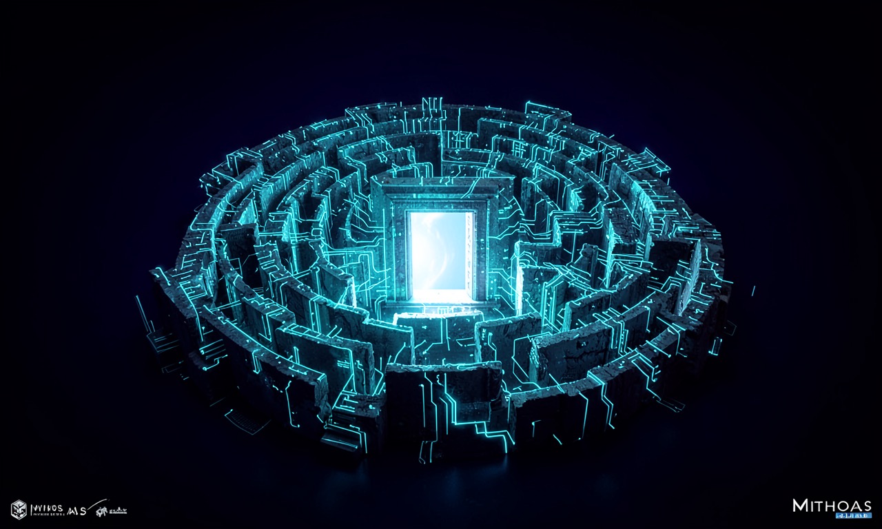 A futuristic glowing digital representation of a mythical labyrinth, symbolizing Mythos-class intelligence
