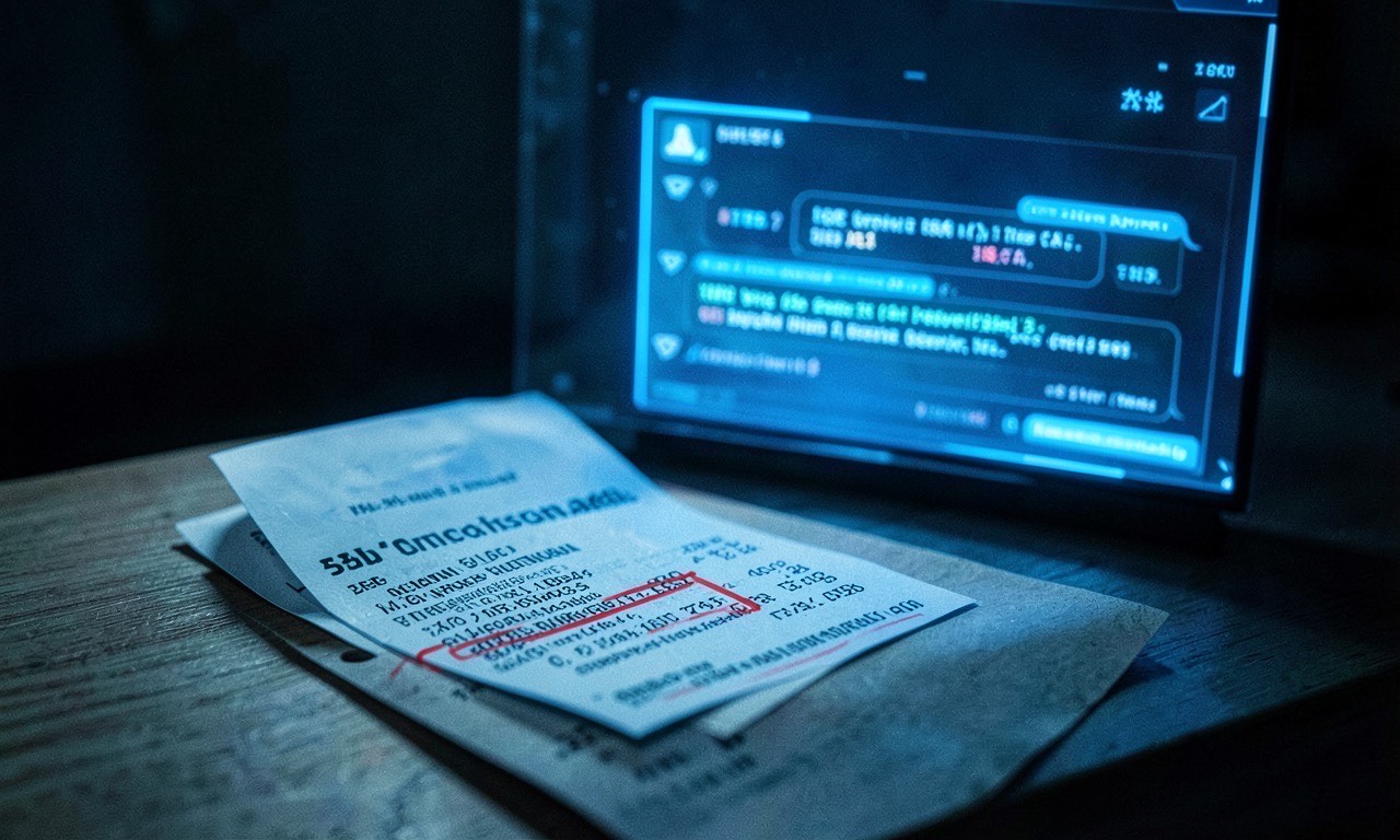 A credit card statement with unauthorized charges highlighted, overlaid on a glowing AI chatbot interface, cold blue lighting, forensic aesthetic