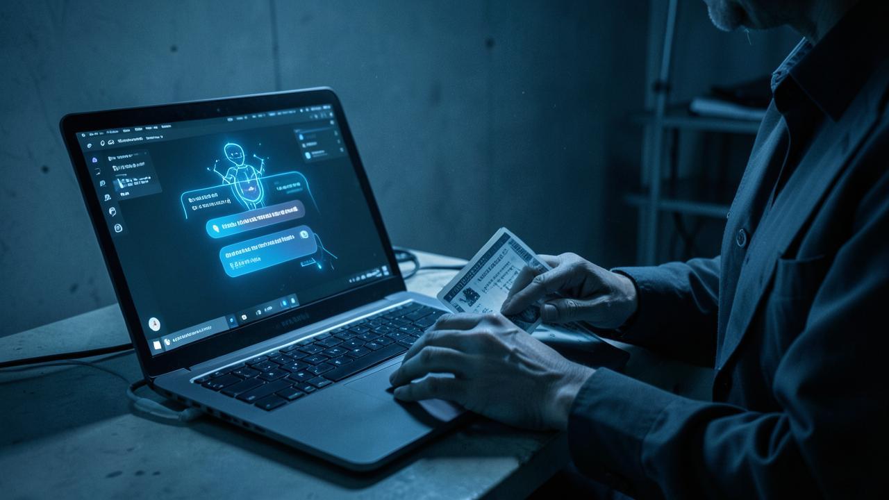 A person holding a government ID card next to a glowing AI chatbot interface, surveillance-style lighting, documentary aesthetic