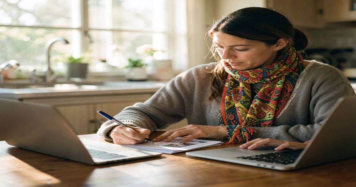 A woman with a bright patterned scarf writing at a kitchen table with a laptop, pages of printed text beside her in warm afternoon light