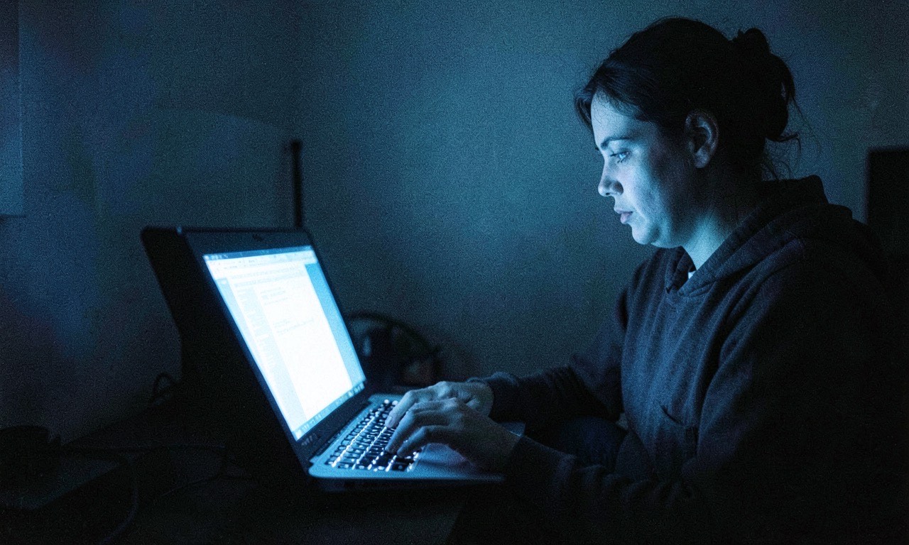 A person sitting alone in dim light looking at a glowing laptop screen, their face partially illuminated, photojournalistic, cold blue tones