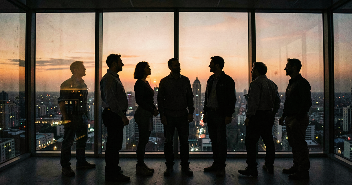 A group of engineers standing together at a glass-walled office window overlooking a city at dusk, silhouetted against the warm orange sunset