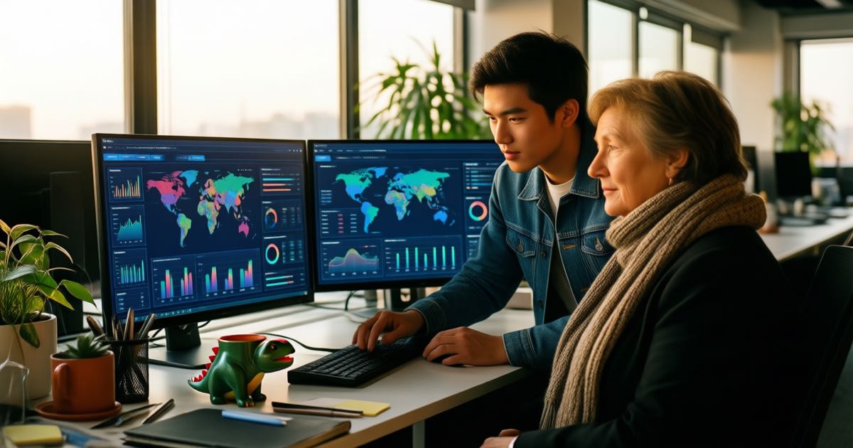 A younger engineer in a denim jacket and a senior colleague in a knitted scarf review dashboards together at a desk in a warm, plant-filled modern office, natural window light, documentary editorial photography