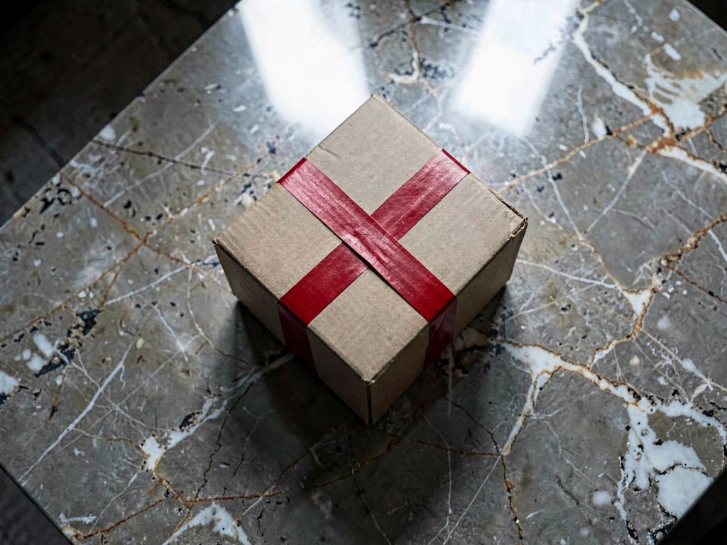A red-taped cardboard box sealed with a black "EXPORT CONTROL" stamp, sitting on a polished government-marble desk, a single bright overhead light, no other objects, no visible text, no logos, photorealistic