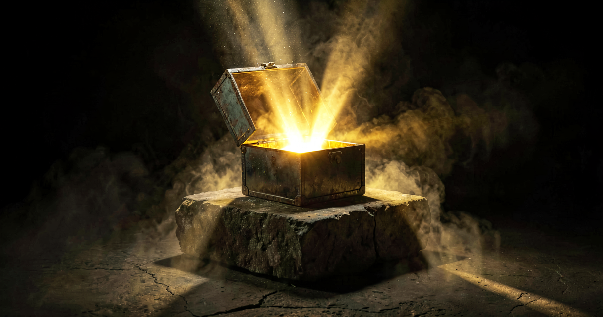 A glowing open metal box on a stone pedestal emitting golden light and mist into a dark chamber