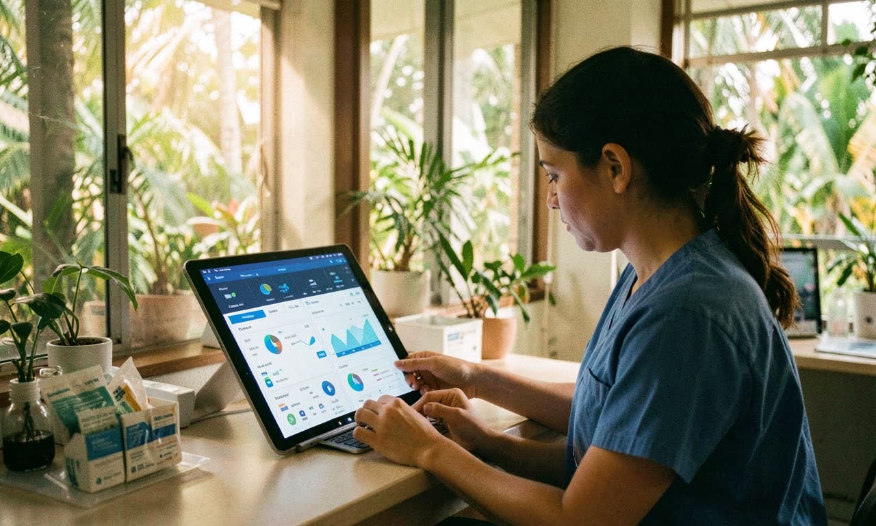 A modern clinic in a tropical setting with a tablet displaying AI health data, warm natural light, a health worker reviewing patient information, photojournalistic style