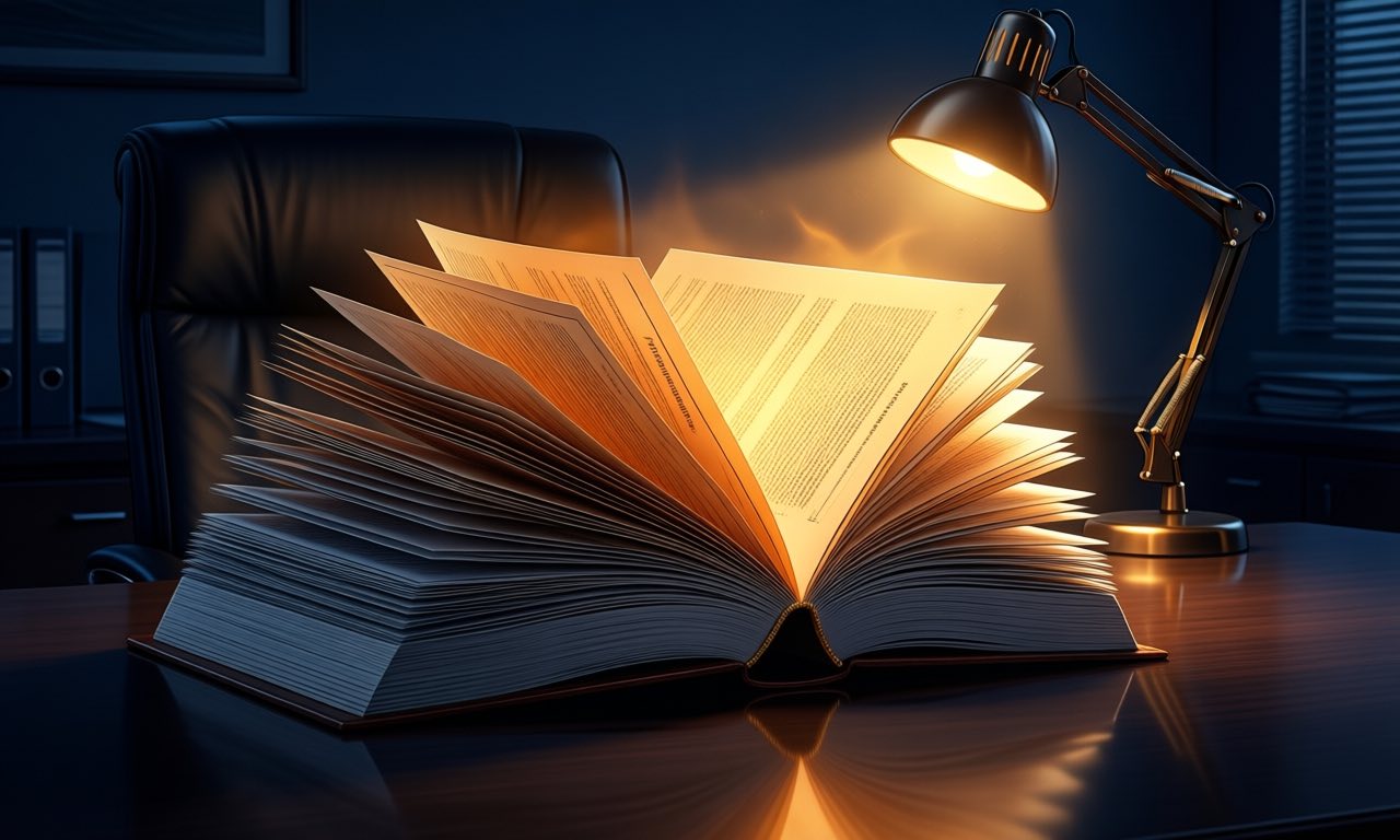 A thick prospectus document lying open on a dark boardroom table under a single desk lamp, a translucent amber glow rising from its fine print