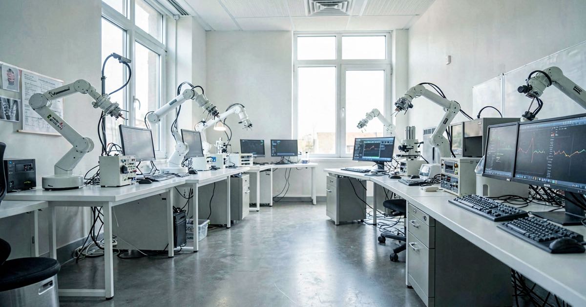 A modern laboratory with robotic arms and scientific instruments connected to computer screens, viewed from across the room in soft natural light.