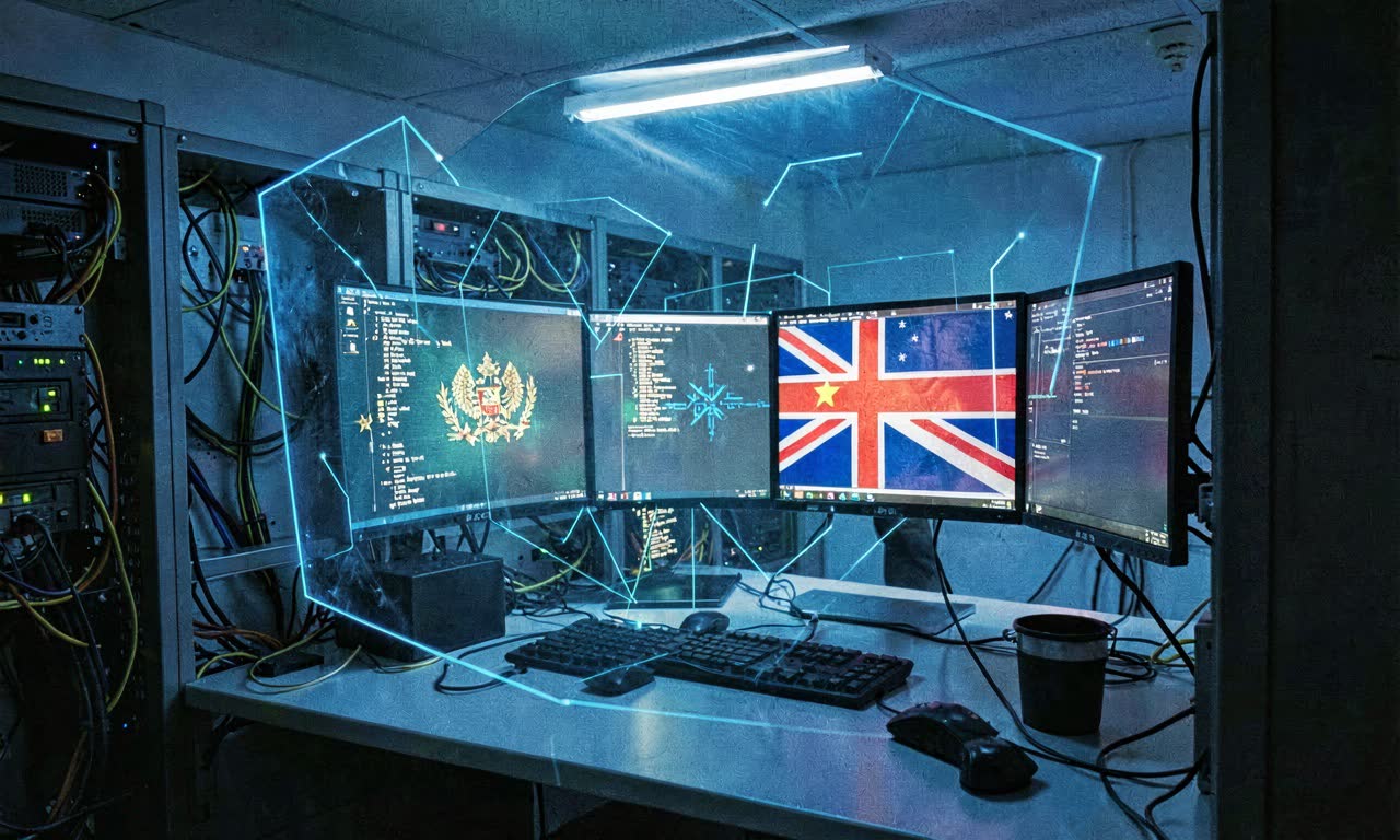 A server room with Australian and New Zealand flags on monitors, blue cybersecurity lighting, photojournalistic style, dramatic shadows