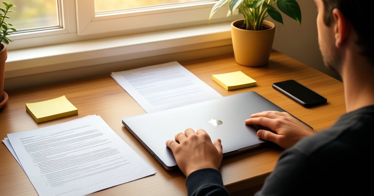 A person at a tidy home desk in warm morning light, a laptop open showing a single clean chat window, a printed report and phone nearby, documentary photography