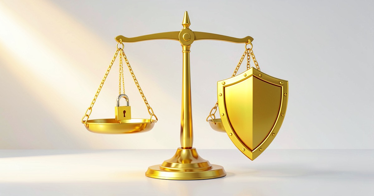 A scale balance with an open padlock on one side and a shield on the other, rendered in bright warm lighting against a clean background.