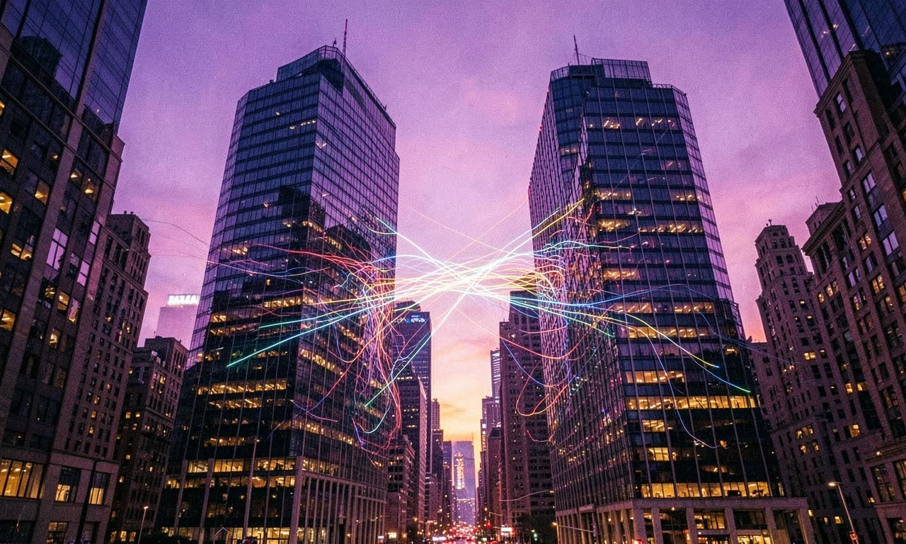 Two corporate towers connected by data streams, dramatic lighting