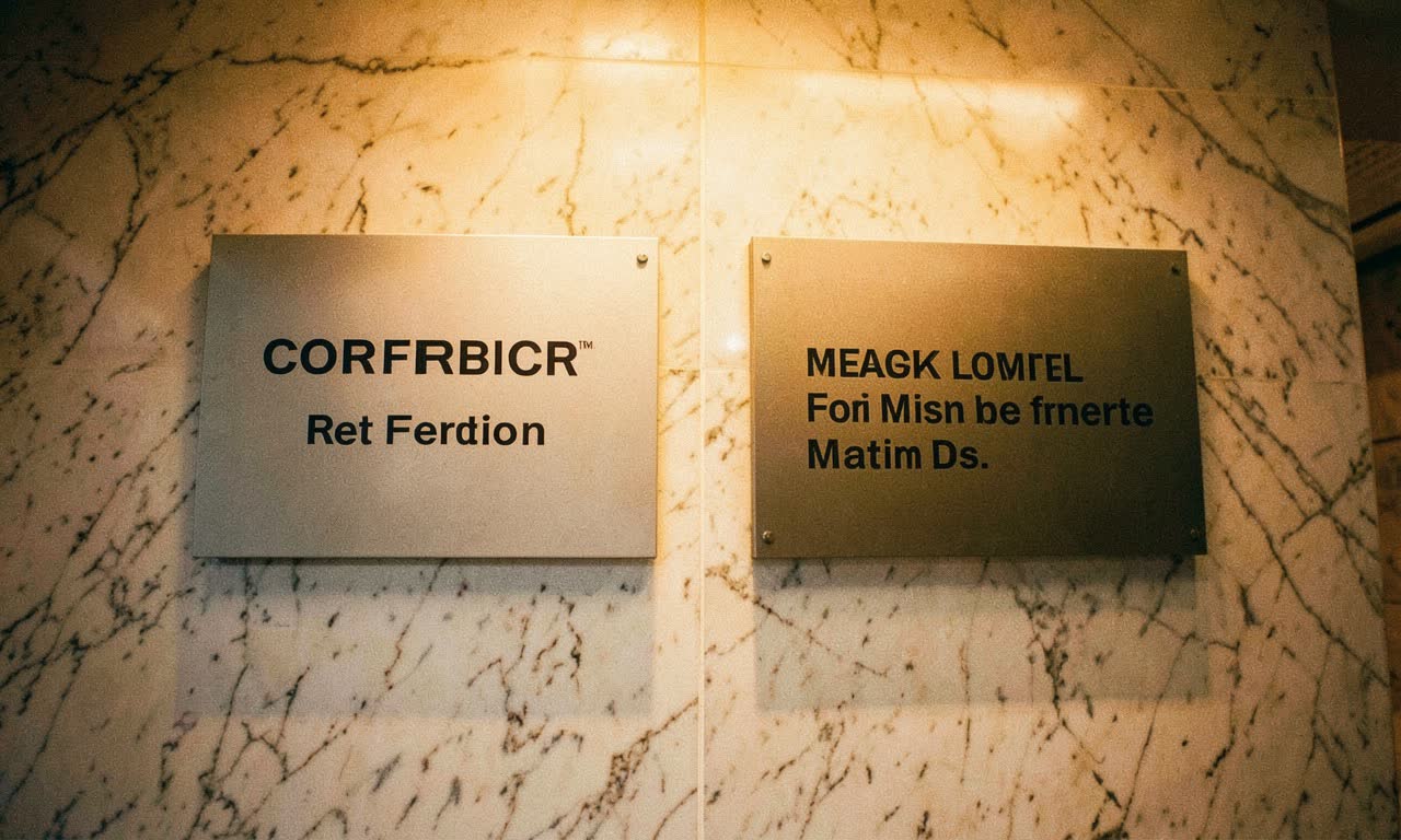 Two corporate lobby signs side by side, one being removed and replaced, warm amber lighting, photojournalistic style