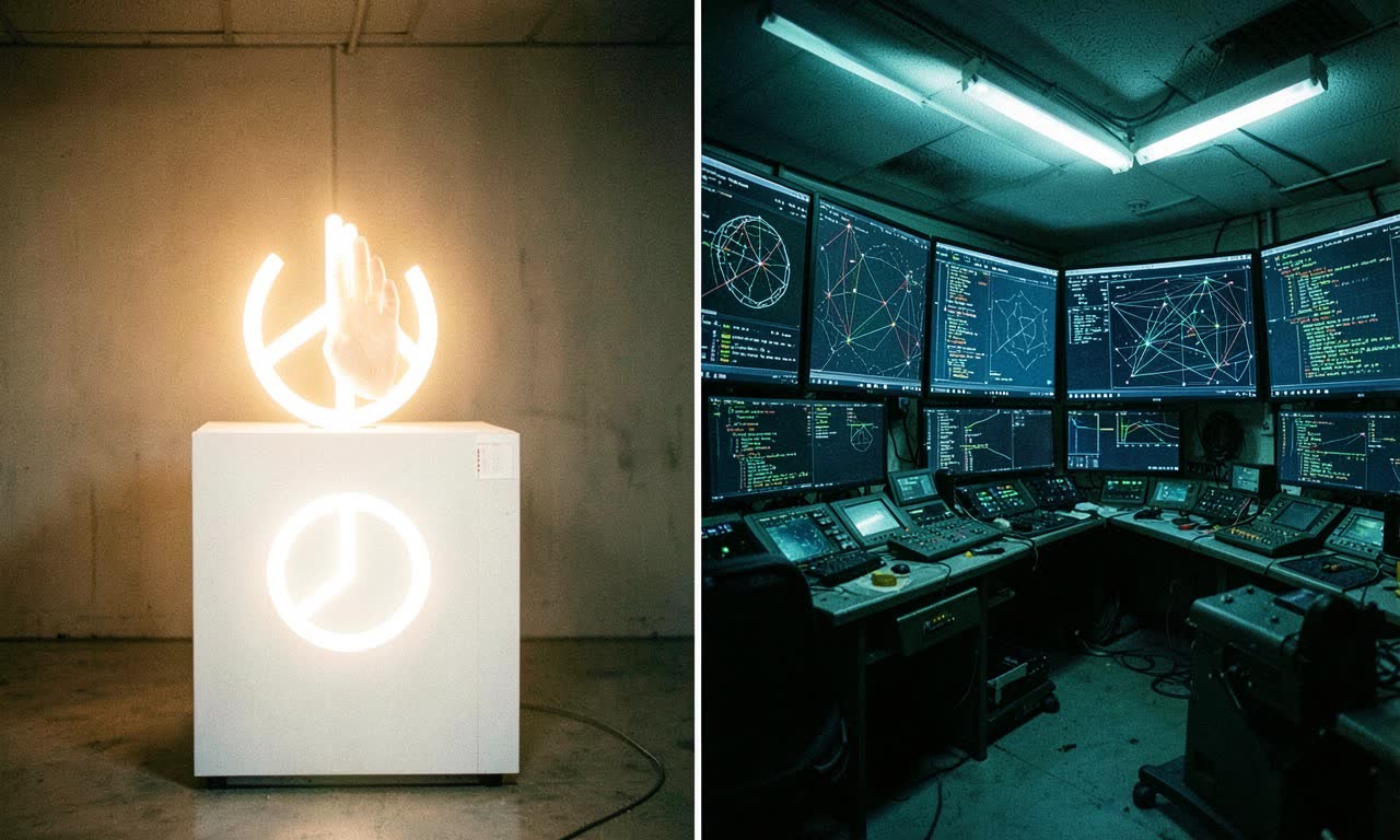 A split scene: on one side, a podium with a peace symbol glowing softly; on the other, a military operations centre with screens showing network topology maps, harsh fluorescent lighting, documentary style, ASA 400 film grain