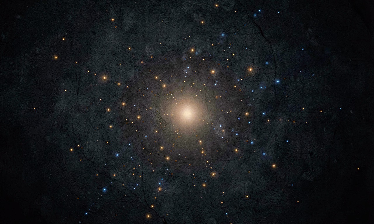 Abstract composition: a dark surface with scattered amber and blue light points converging toward a central glow, no text or UI elements