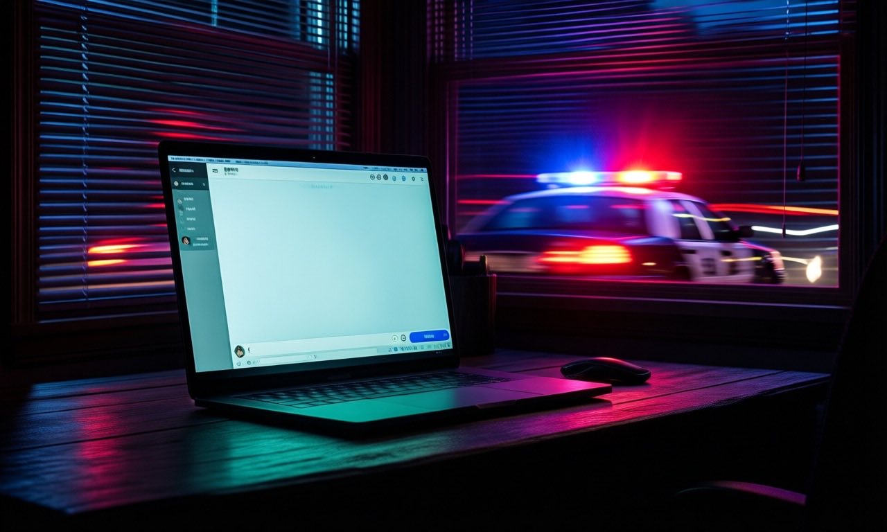 A dimly lit home office desk at night, a laptop screen glowing with a blank chat window, police cruiser lights in red and blue bleeding through the window blinds