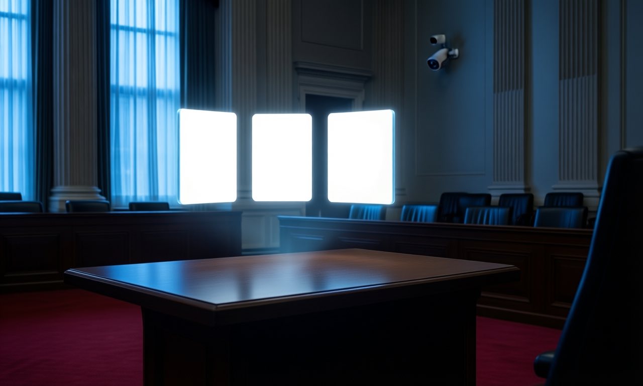 A dimly lit Capitol hearing room at night with three glowing translucent panels hovering above an empty witnesses table watched by a security camera.