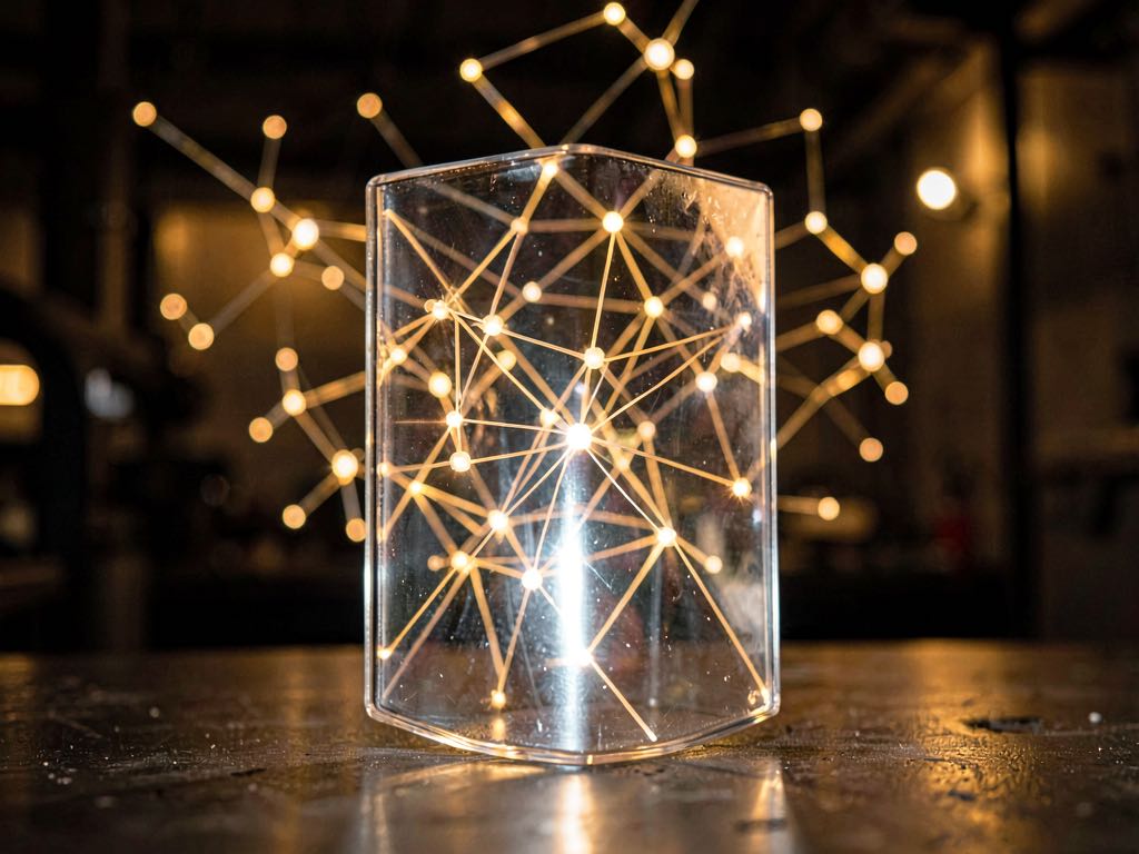 An illuminated glass shield protecting a tangle of glowing neural network nodes, dim industrial backdrop, photojournalistic style