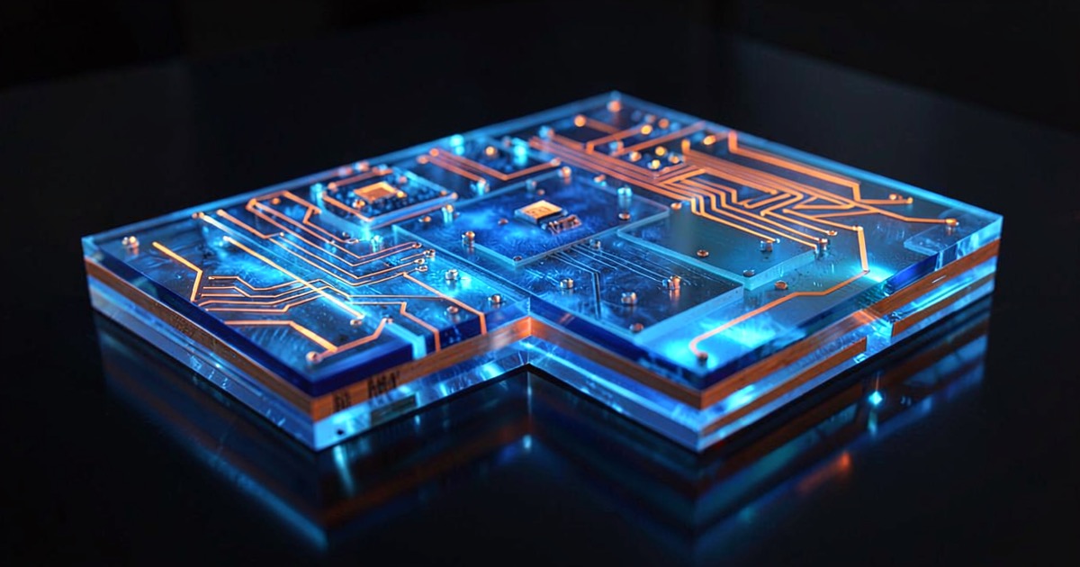 An abstract composition of layered silicon wafers glowing blue and orange on a dark surface, evoking semiconductor fabrication