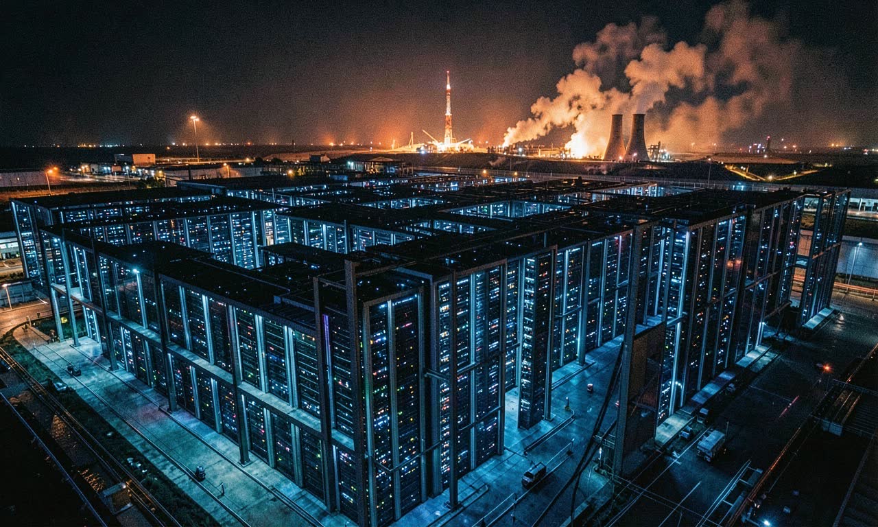 Massive data center facility at night with cooling towers and rocket infrastructure in background, dramatic orange and blue lighting, photojournalistic style