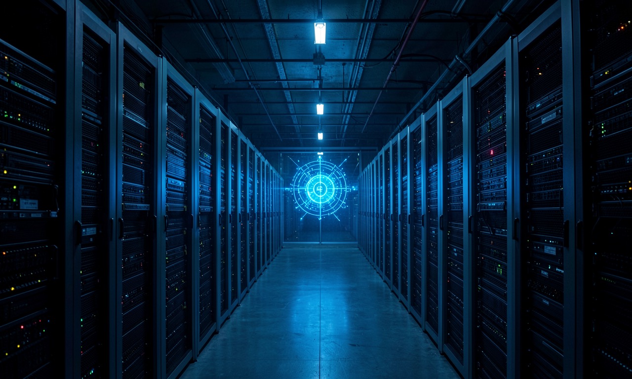 A massive data centre interior with rows of server racks stretching into darkness, a single glowing blue AI interface projected on glass, industrial scale
