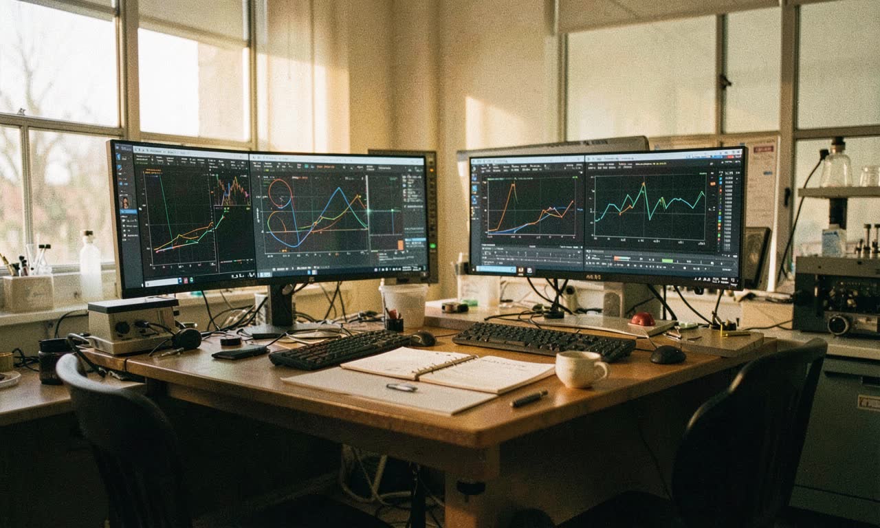 A warm-lit research lab with screens showing alignment data visualisations, documentary photography style, ASA 400 film grain