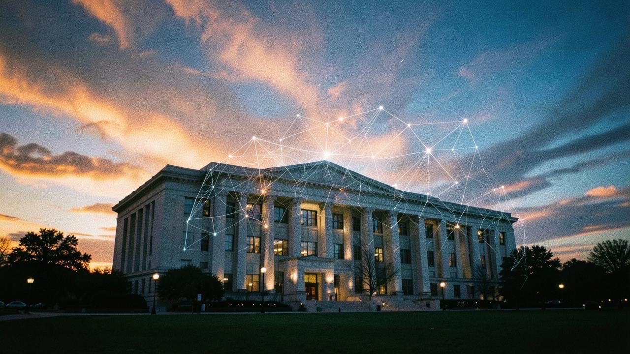 The Pentagon building at dusk with a glowing AI network overlay, photojournalistic style, dramatic lighting
