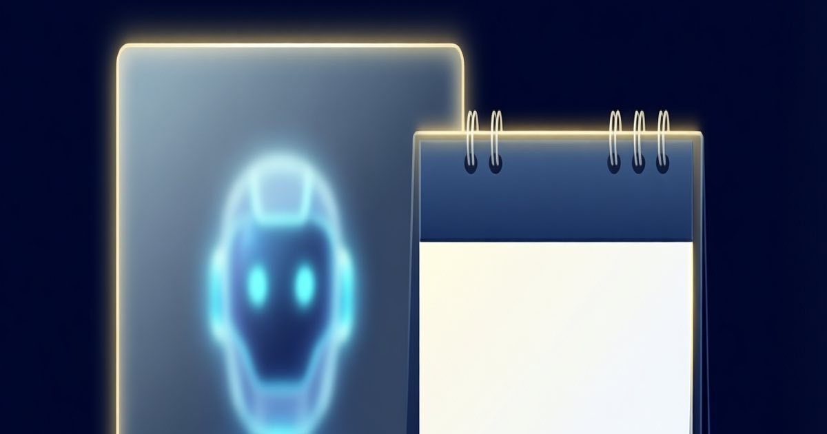 A softly glowing abstract AI assistant face behind a frosted glass panel beside a blank wall calendar, dark navy and pale gold