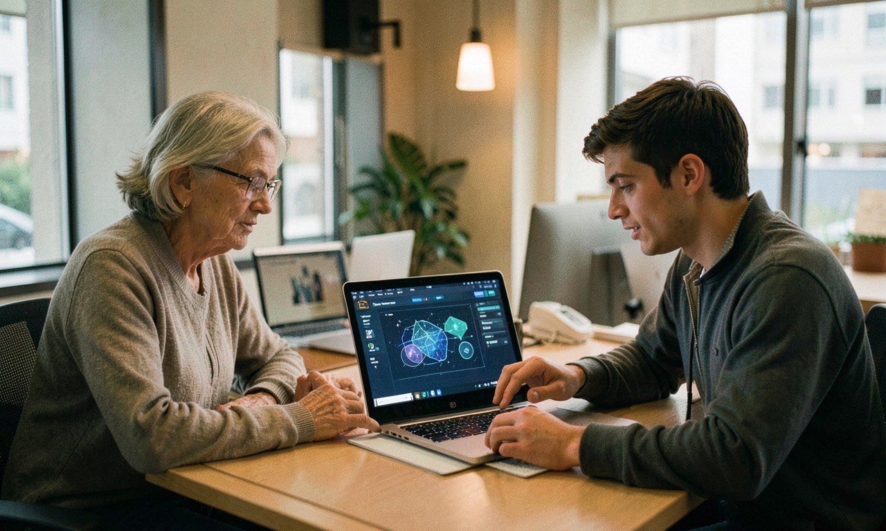 Older professional at desk learning AI skills on laptop alongside younger colleague, warm office lighting, documentary style