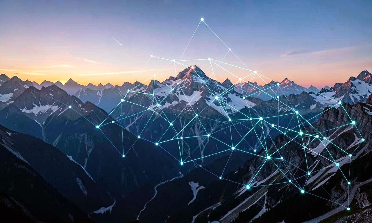 Swiss alpine landscape with a neural network topology overlay in cool blue tones