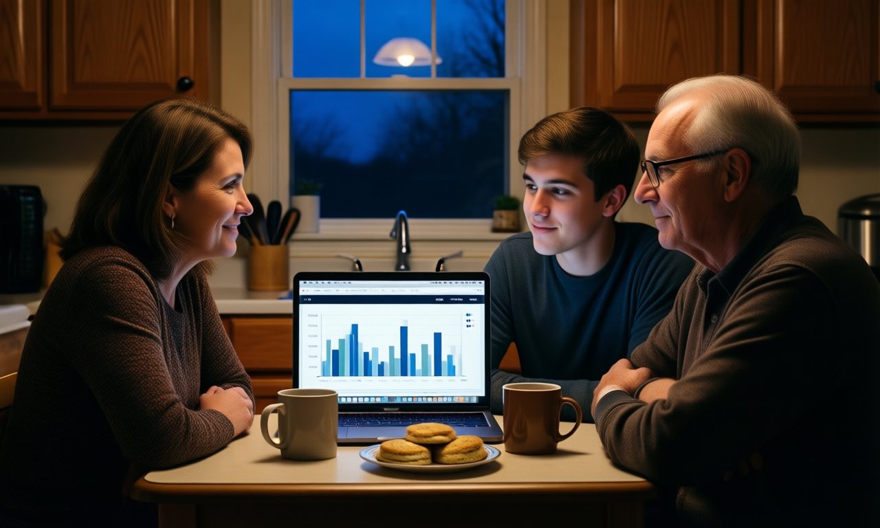 Three Americans of different generations gathered around a kitchen table at night, faces lit by a laptop screen showing opinion-poll bar charts