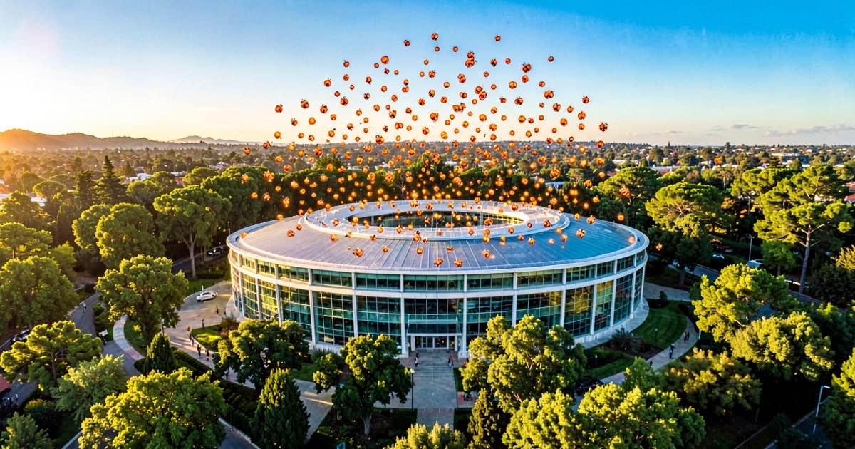A bright, sunlit Apple Park campus in Cupertino with hundreds of glowing digital bug report icons floating above the circular building, representing the flood of AI-generated vulnerability submissions overwhelming Apple's security team.