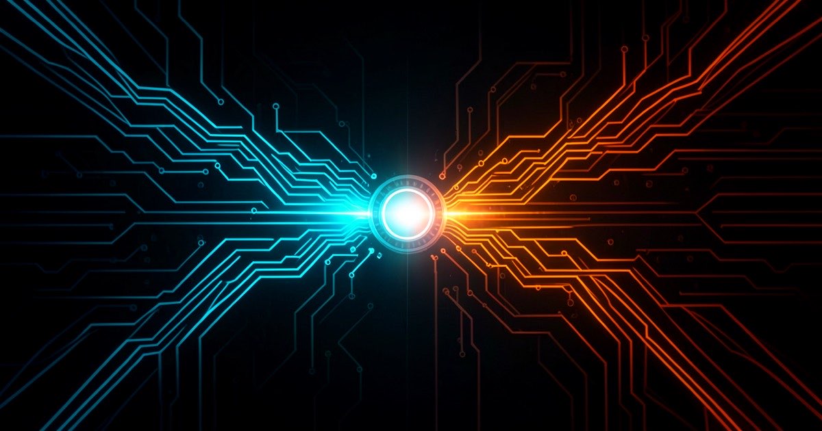 Abstract dark composition of two opposing silicon pathways converging on a single glowing manufacturing node, no logos, no text