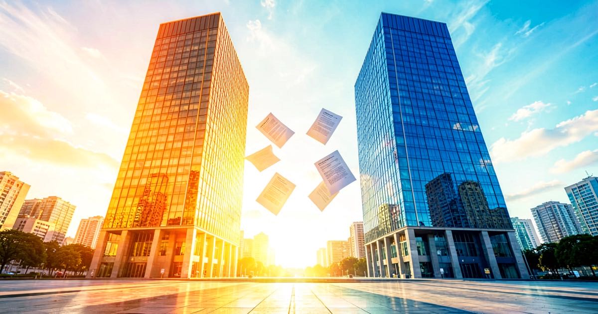 Two abstract corporate towers facing each other across a sunlit plaza, one warm amber, one cool blue, with legal document shapes floating between them in bright morning light.