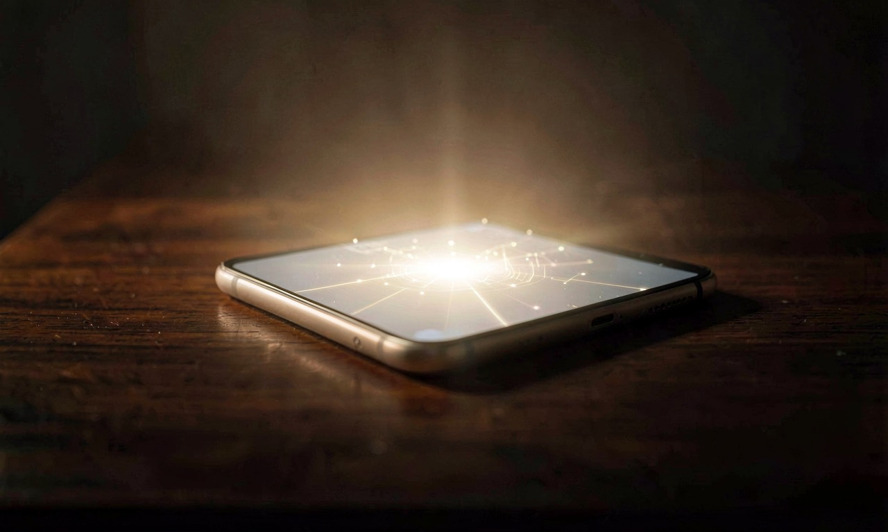 An abstract composition of a smartphone screen glowing on a dark wooden surface, with soft ambient light suggesting invisible AI integration.