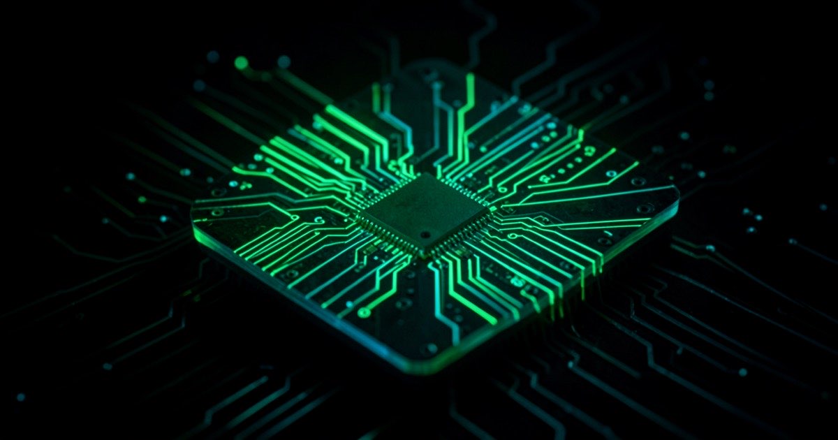 Abstract dark composition of a silicon wafer with green and cyan circuit traces, no logos, no text
