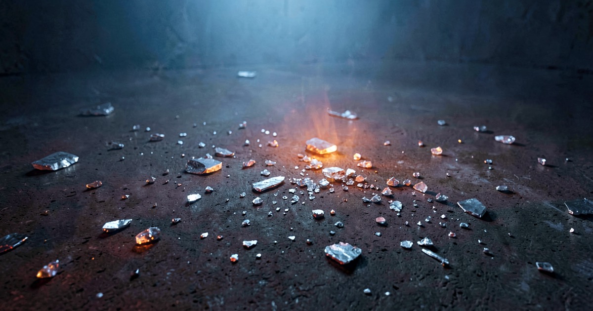 Abstract composition of scattered aluminum and silicon fragments on dark concrete with warm industrial lighting.