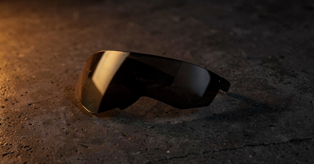 A sleek headset visor shape on dark concrete with warm amber light from the left